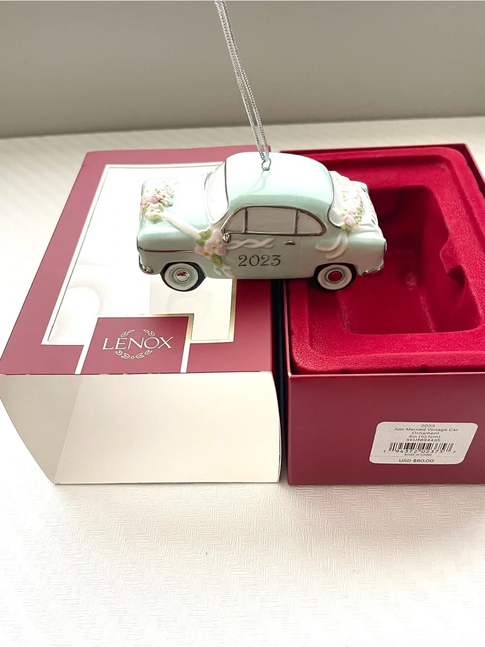 LENOX 2023 “Just Married” Ornament Vintage Car Porcelain CHRISTMAS 4” Mint Green